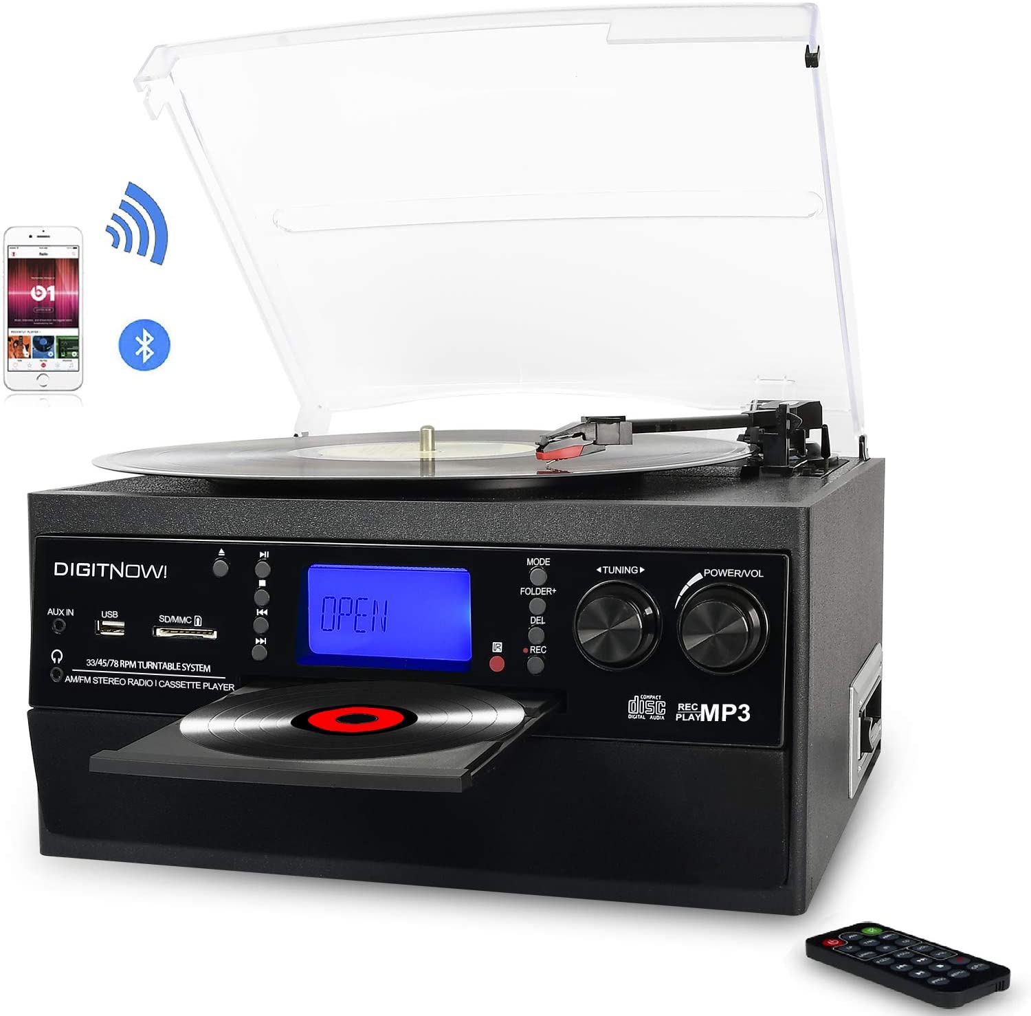 DIGITNOW Bluetooth Record Player Turntable with Stereo Speaker