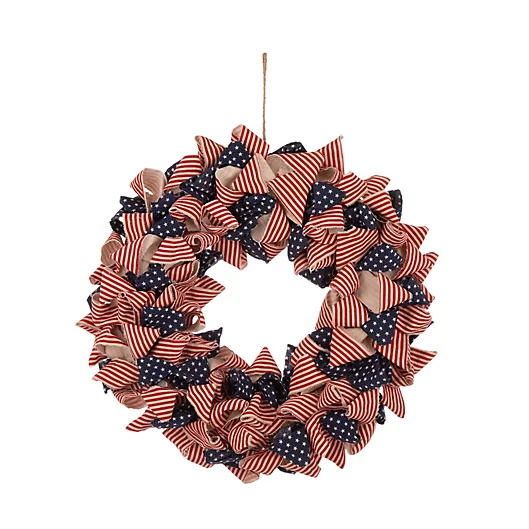 Glitzhome 19-Inch Fabric Patriotic Stars and Stripes Wreath